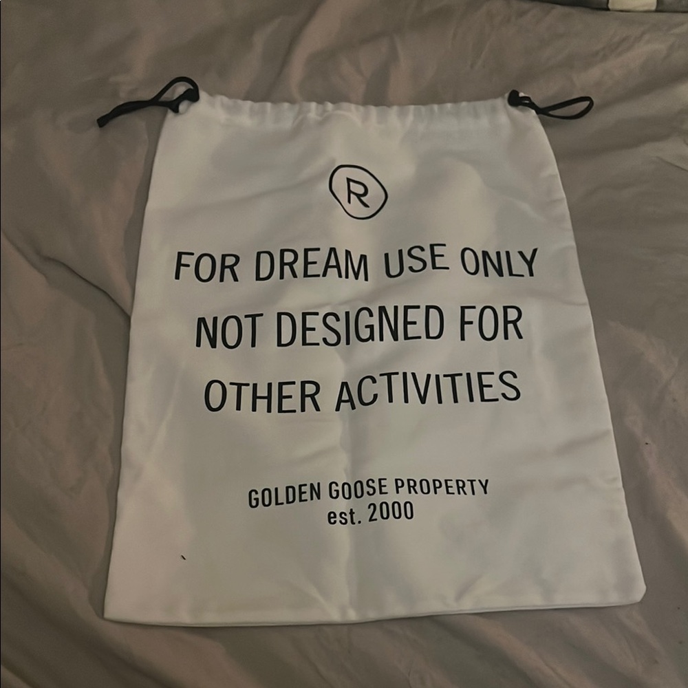 Golden Goose White Drawstring Bag with Black Text